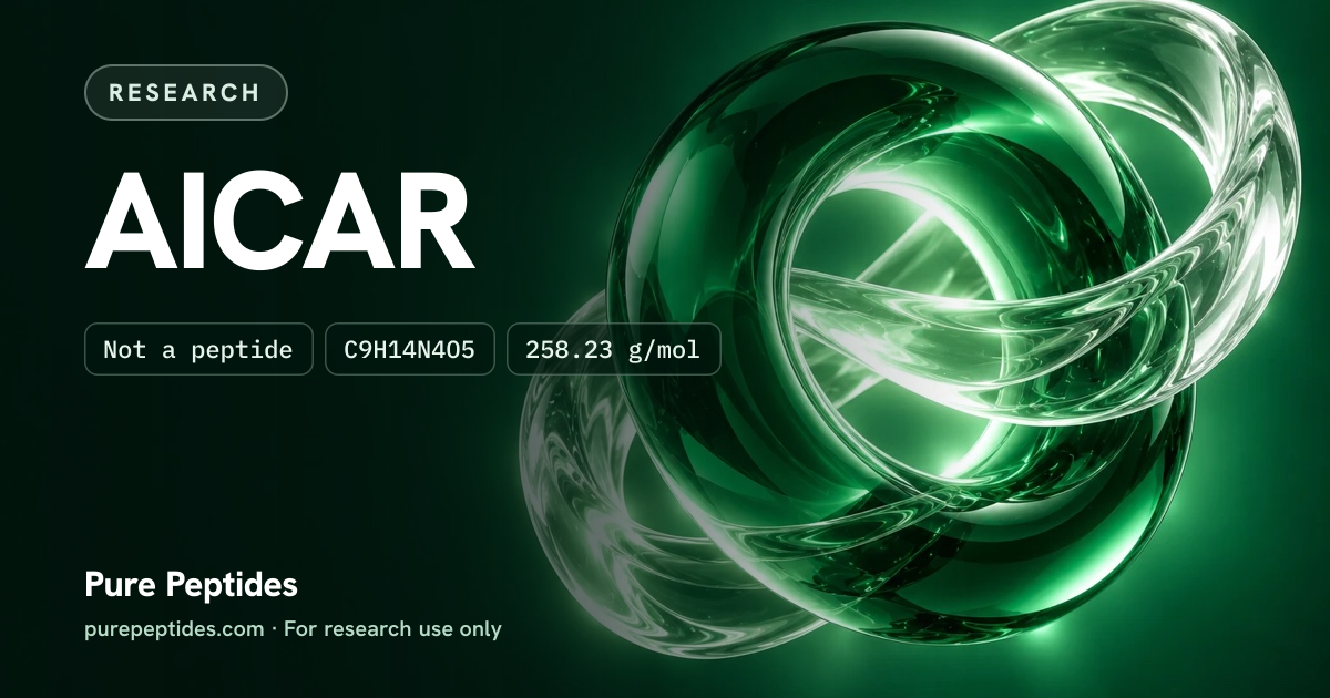 AICAR Research: the compound's name and figures from the product database, over abstract artwork
