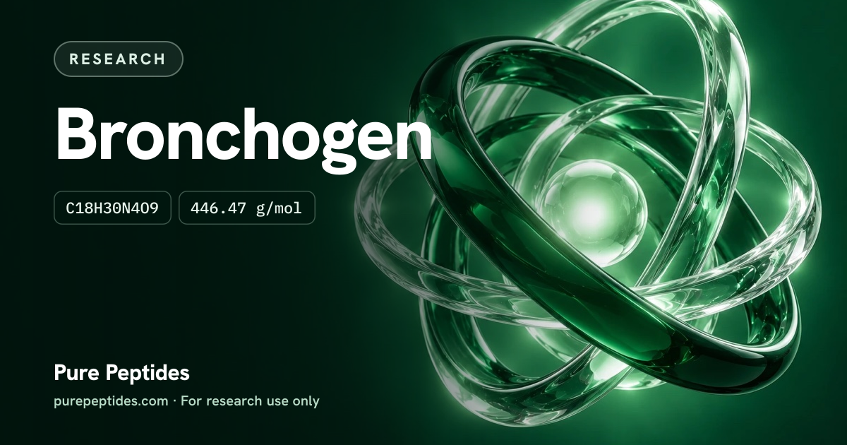 Bronchogen Research: the compound's name and figures from the product database, over abstract artwork