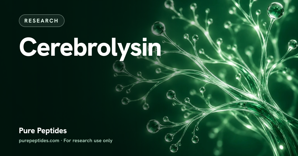 Cerebrolysin Research: the compound's name and figures from the product database, over abstract artwork