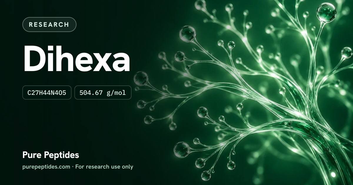 Dihexa Research: the compound's name and figures from the product database, over abstract artwork
