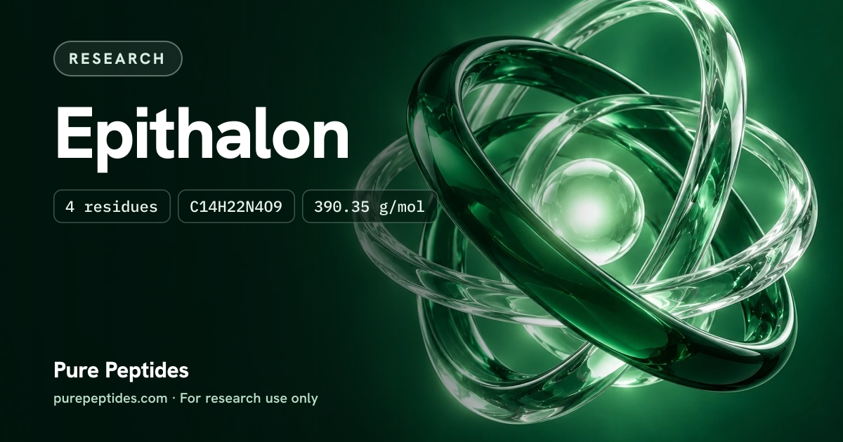 Epitalon Research: the compound's name and figures from the product database, over abstract artwork