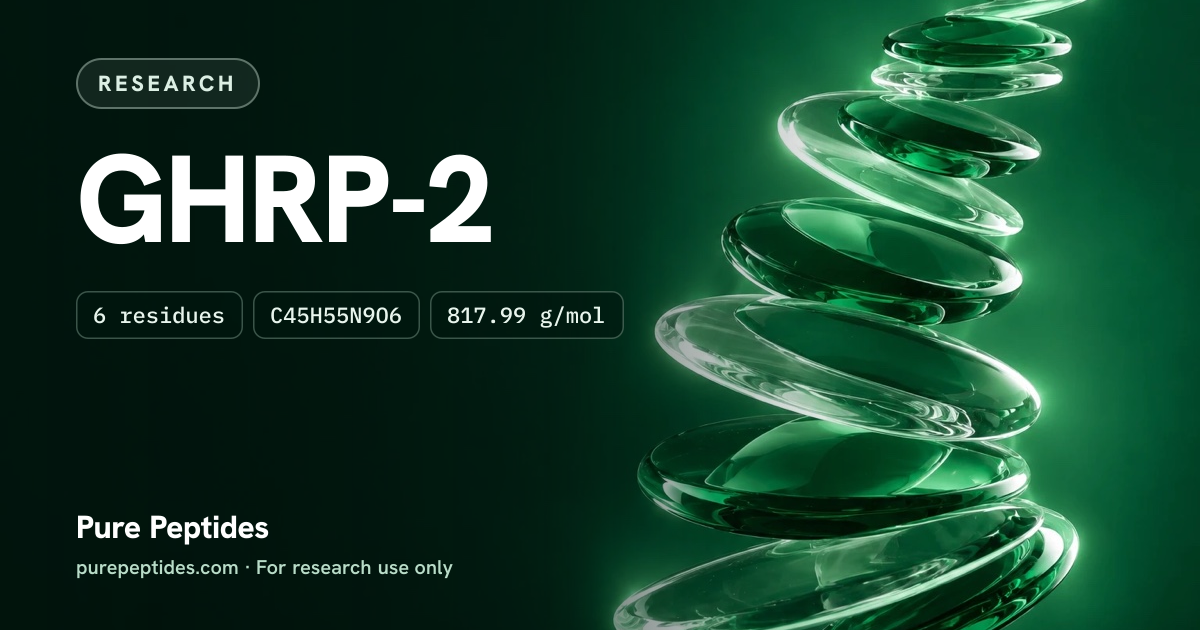 GHRP-2 Research: the compound's name and figures from the product database, over abstract artwork