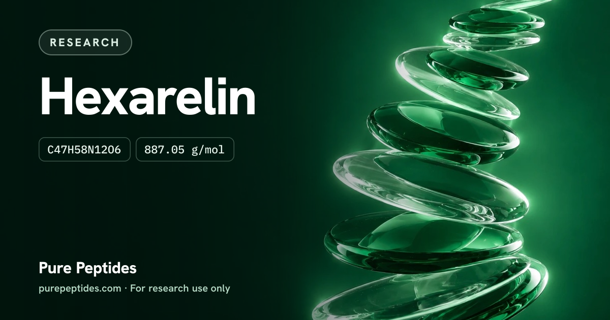 Hexarelin Research: the compound's name and figures from the product database, over abstract artwork