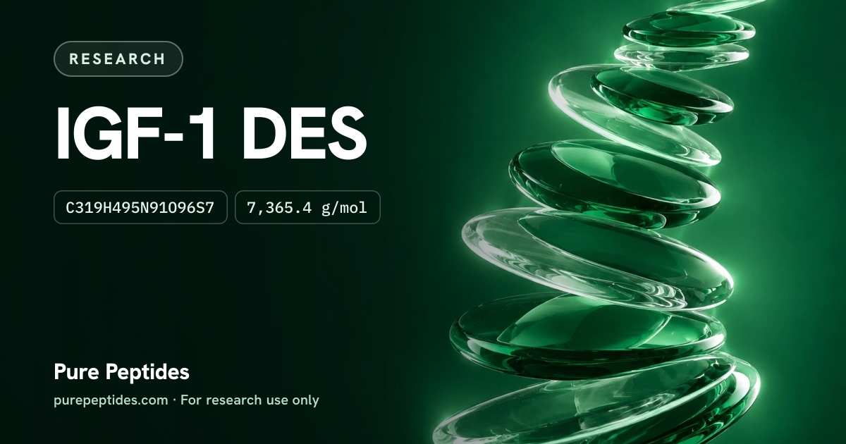 IGF-1 DES Research: the compound's name and figures from the product database, over abstract artwork