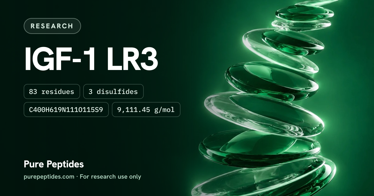 IGF-1 LR3 Research: the compound's name and figures from the product database, over abstract artwork