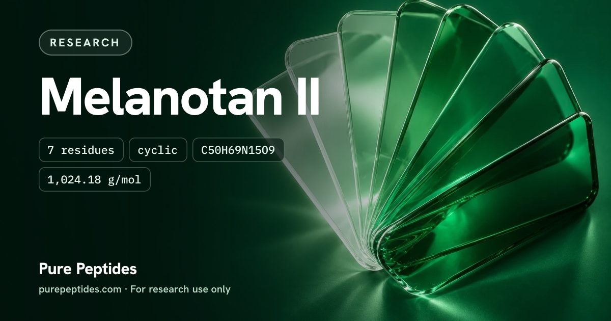 Melanotan 2 Research: the compound's name and figures from the product database, over abstract artwork