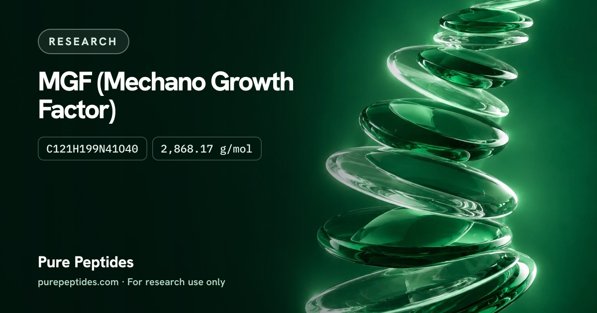 MGF Research: the compound's name and figures from the product database, over abstract artwork