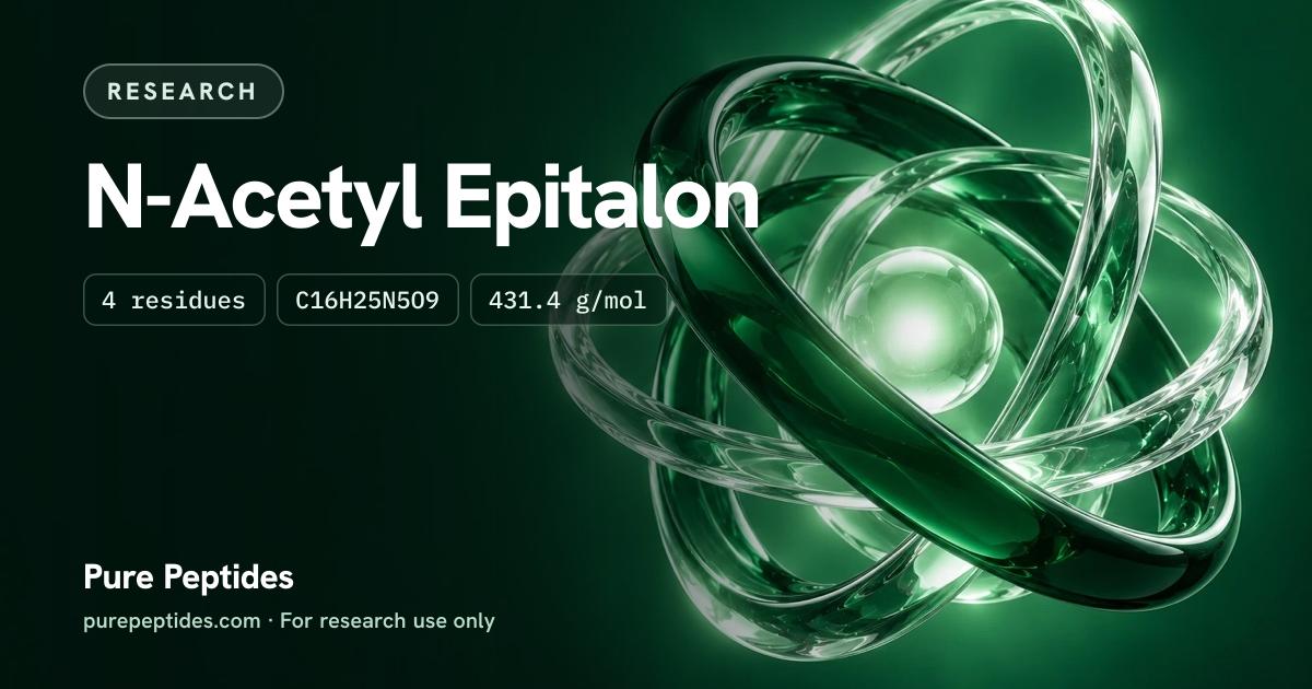 N-Acetyl-Epitalon Research: the compound's name and figures from the product database, over abstract artwork