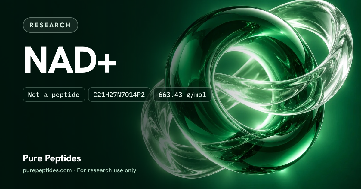 NAD+ Research: the compound's name and figures from the product database, over abstract artwork