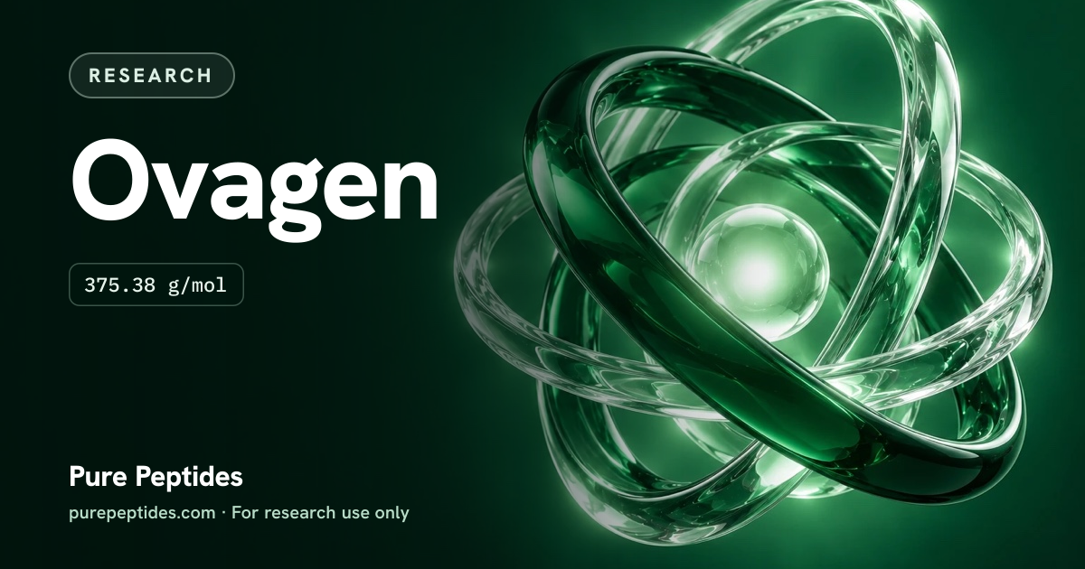 Ovagen Research: the compound's name and figures from the product database, over abstract artwork
