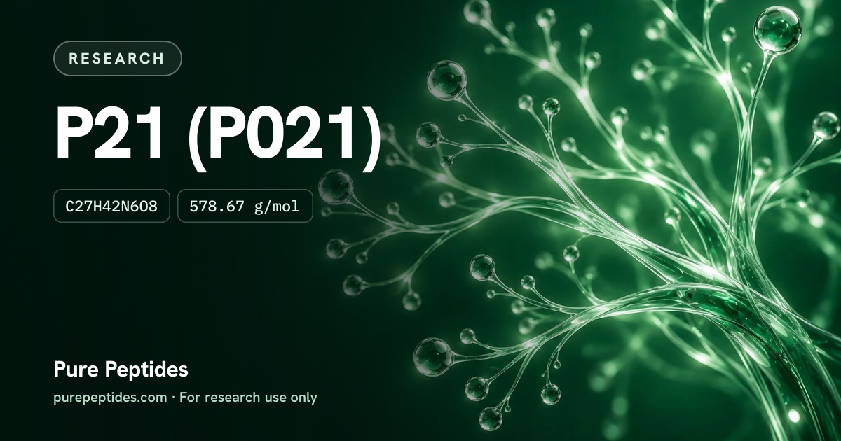 P021 Research: the compound's name and figures from the product database, over abstract artwork