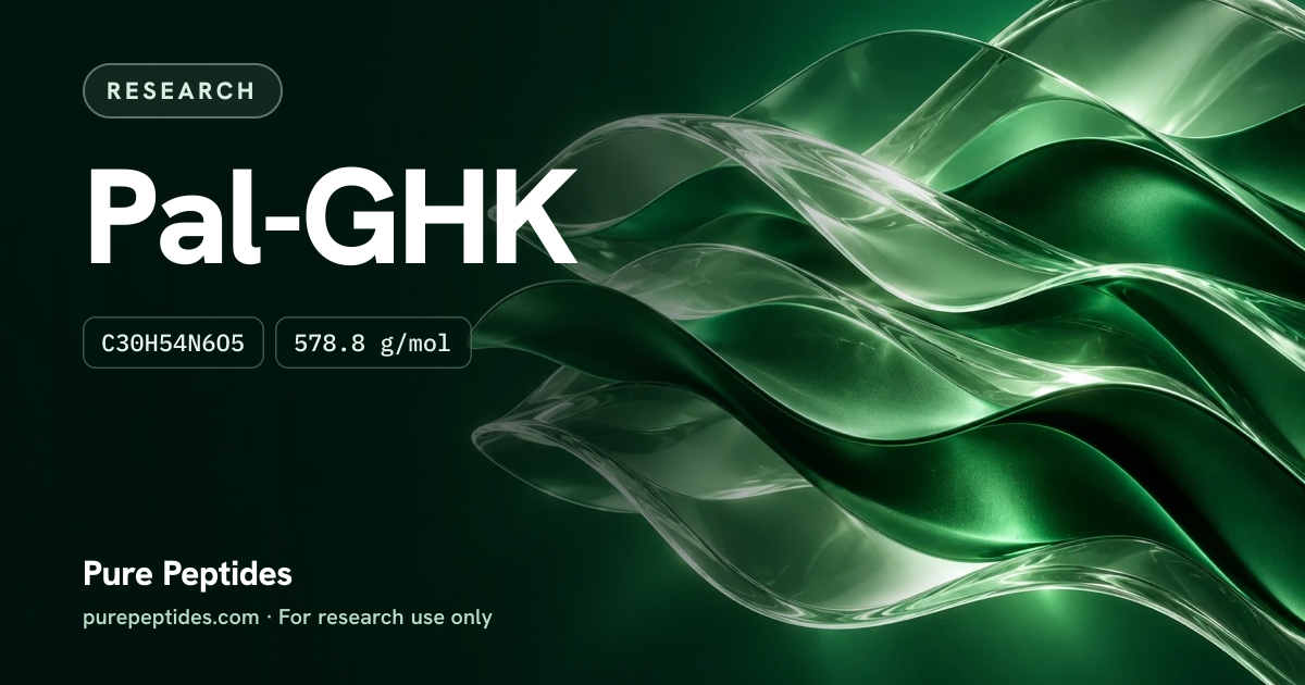 Pal-GHK Research: the compound's name and figures from the product database, over abstract artwork