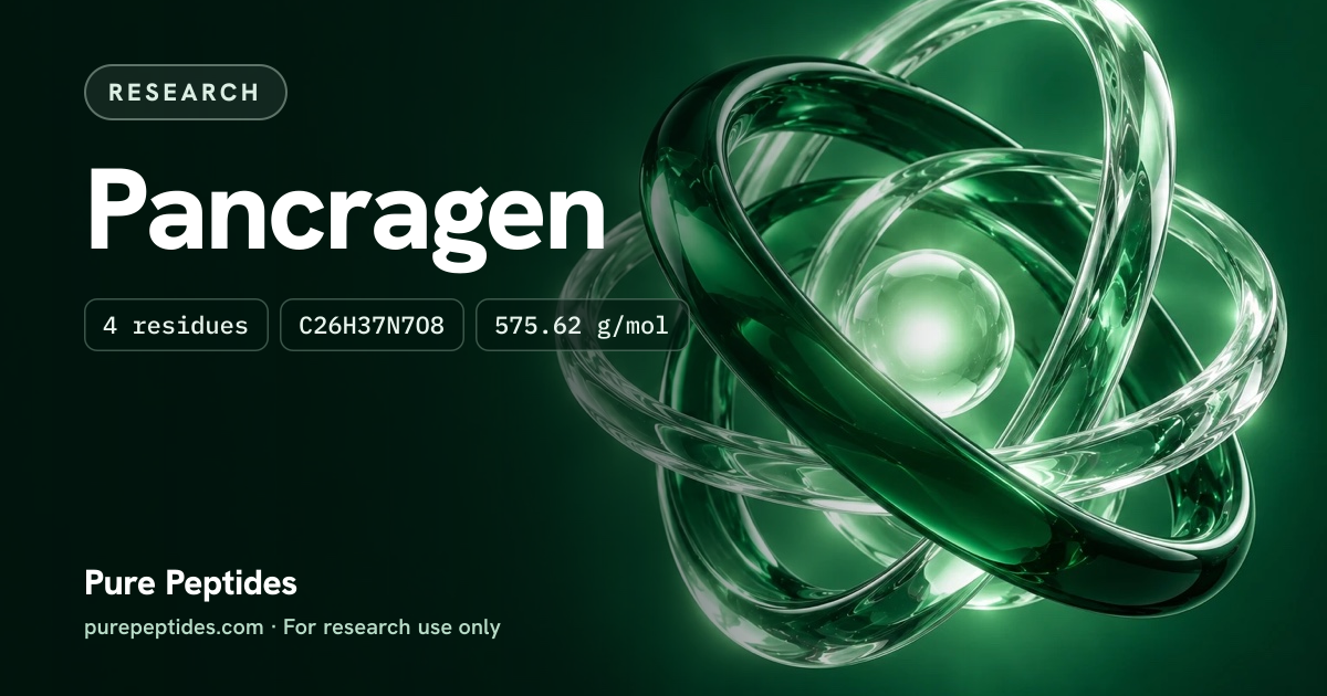 Pancragen Research: the compound's name and figures from the product database, over abstract artwork