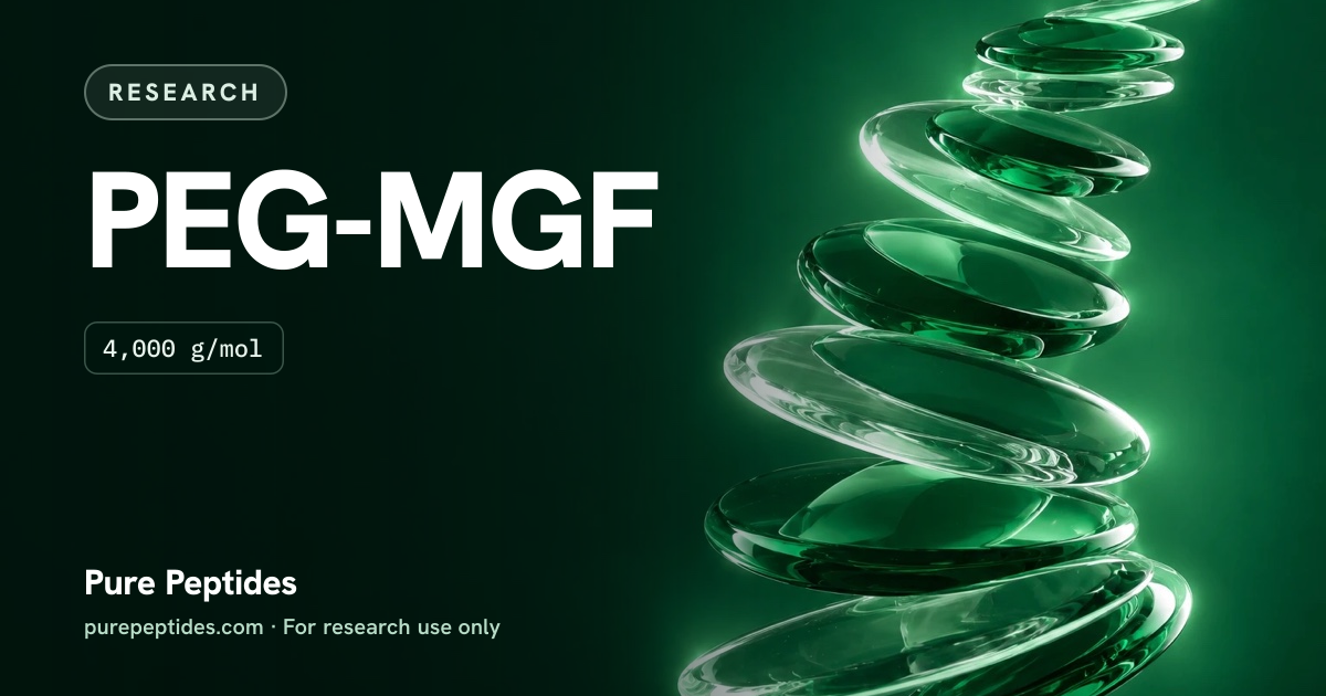 PEG-MGF Research: the compound's name and figures from the product database, over abstract artwork