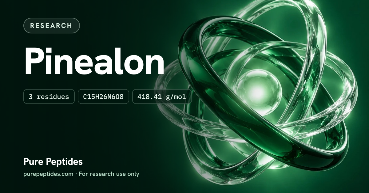 Pinealon Research: the compound's name and figures from the product database, over abstract artwork