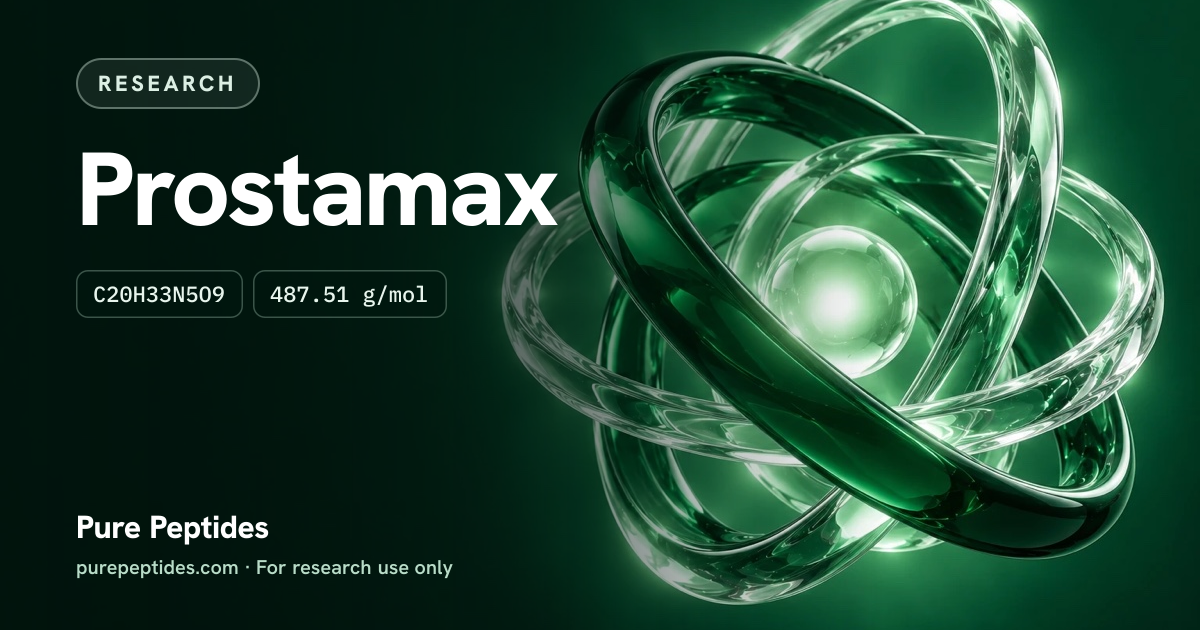 Prostamax Research: the compound's name and figures from the product database, over abstract artwork