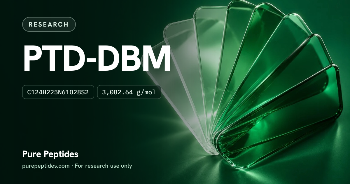 PTD-DBM Research: the compound's name and figures from the product database, over abstract artwork