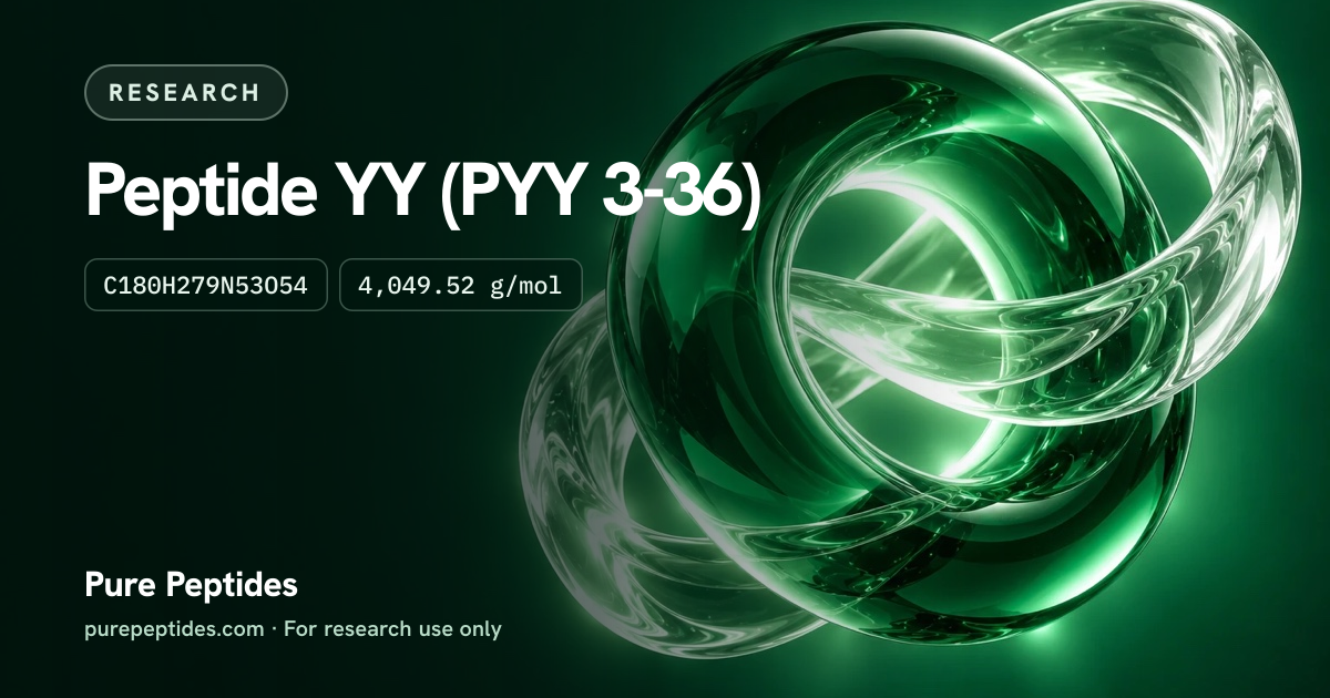 PYY 3-36 Research: the compound's name and figures from the product database, over abstract artwork