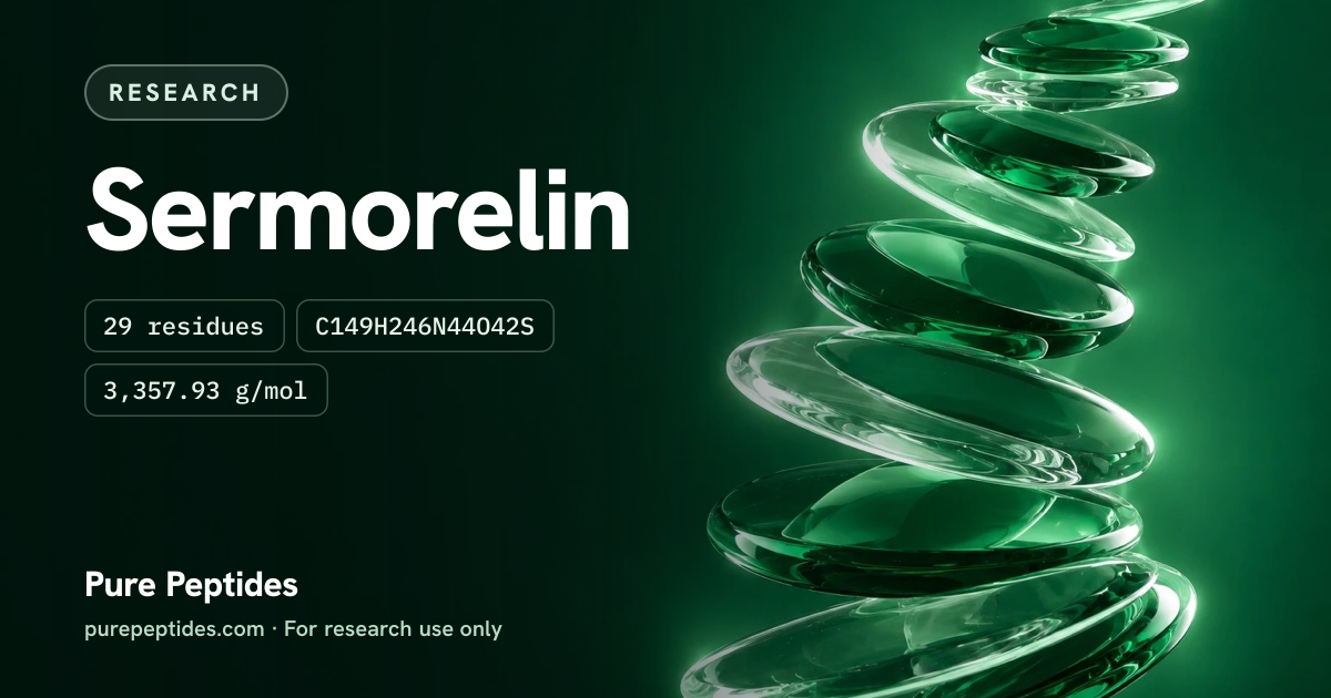 Sermorelin Research: the compound's name and figures from the product database, over abstract artwork