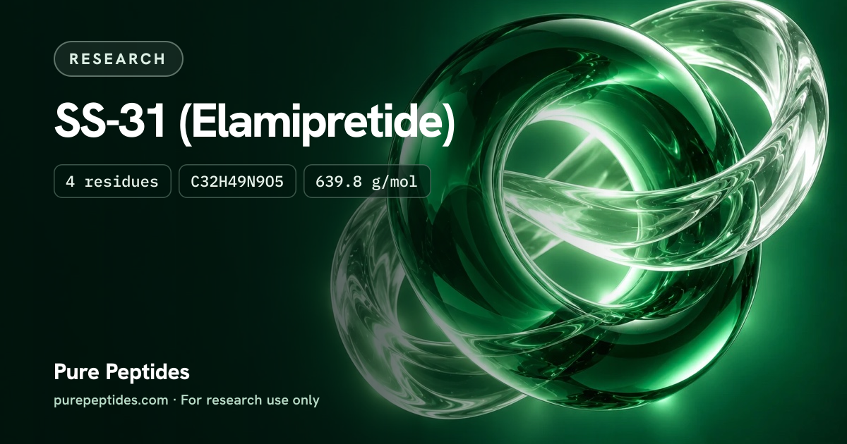 SS-31 Research: the compound's name and figures from the product database, over abstract artwork