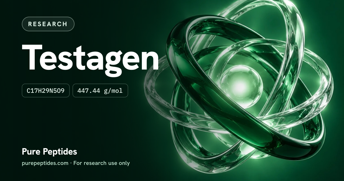 Testagen Research: the compound's name and figures from the product database, over abstract artwork