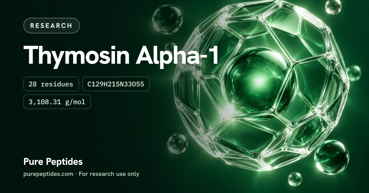 Thymosin Alpha-1 Research: the compound's name and figures from the product database, over abstract artwork