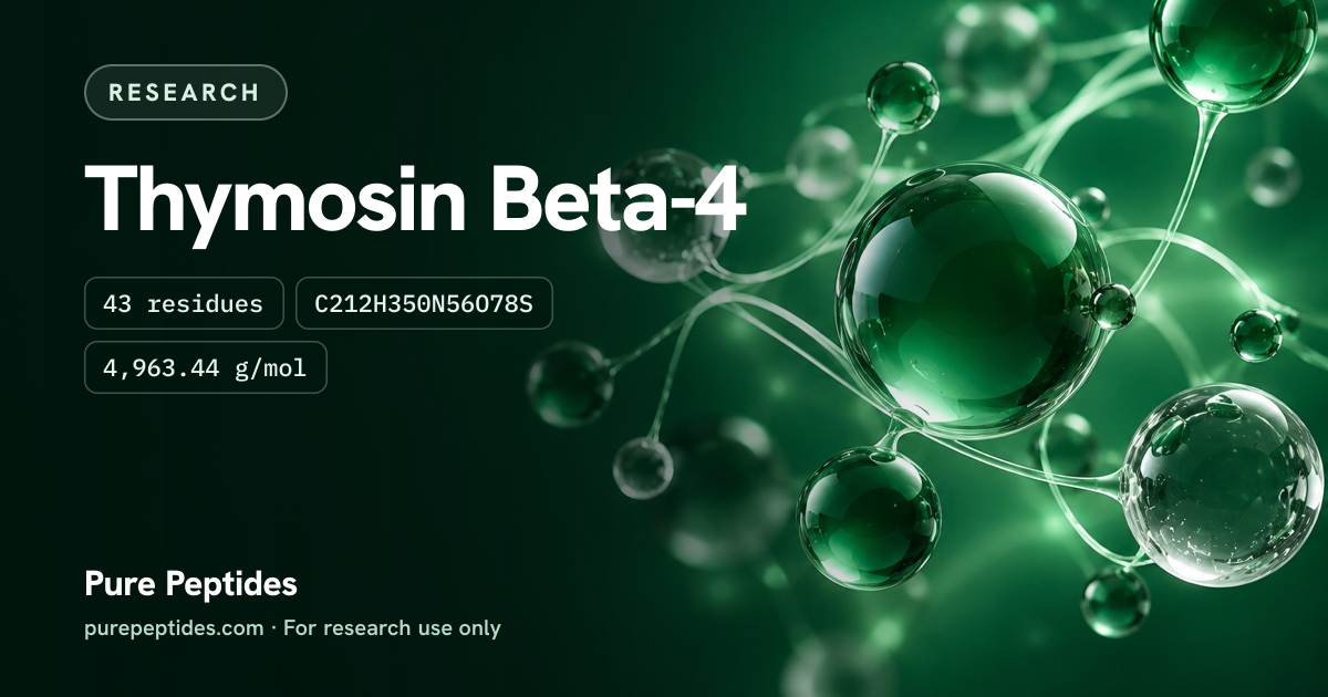 Thymosin Beta-4 Research: the compound's name and figures from the product database, over abstract artwork