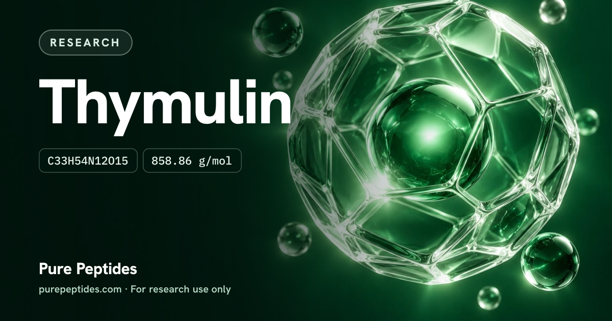 Thymulin Research: the compound's name and figures from the product database, over abstract artwork