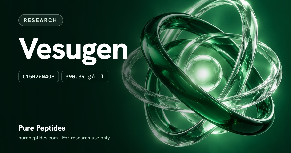 Vesugen Research: the compound's name and figures from the product database, over abstract artwork