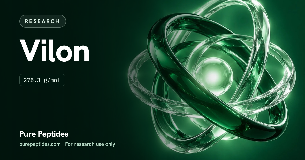 Vilon Research: the compound's name and figures from the product database, over abstract artwork
